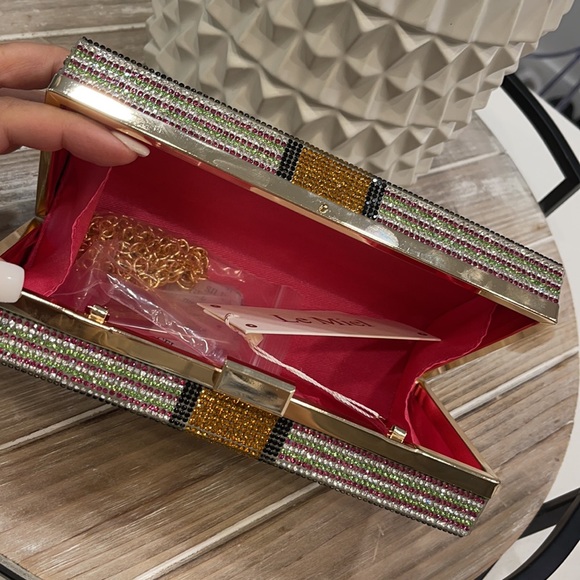 NWT Rich Girl Rhinestone Money Studded Box Clutch